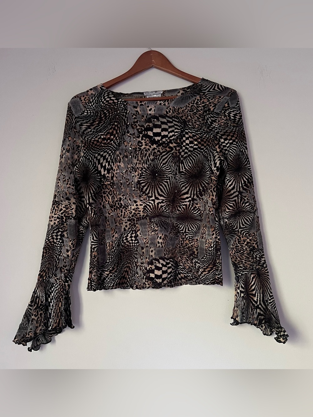Alberto Makali Y2K Mixed Animal Print Sequin Plisse Blouse Large Bell Sleeve
